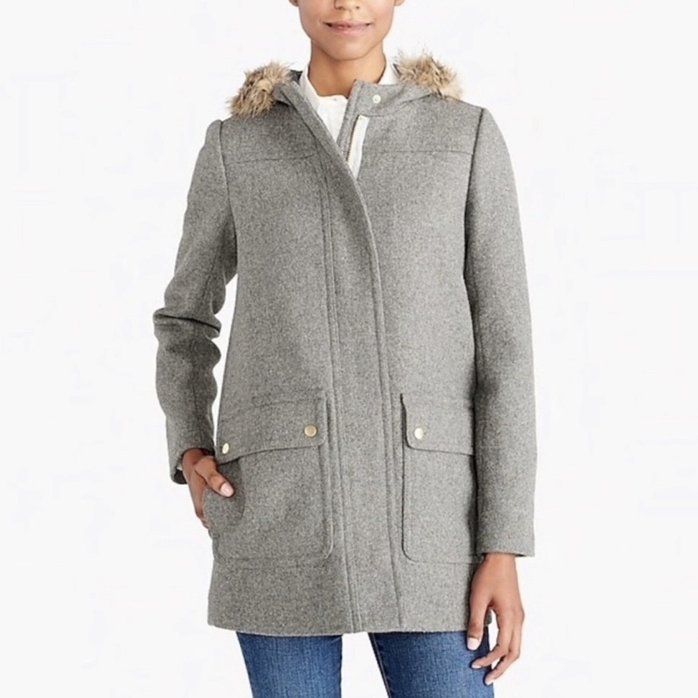 J‎ Crew Factory Wool Blend Pea Coat Grey Fur Trim Size 6 Parka Jacket Hooded